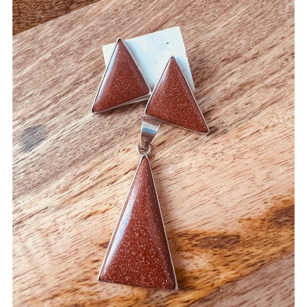 Vintage Sterling Silver Goldstone Pendant & Earrings Set Triangle Shape Boho